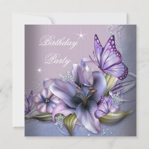 Pretty Purple Pink Butterfly Flowers Birthday Invitation