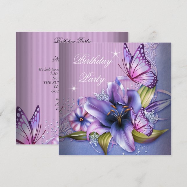 Pretty Purple Pink Butterfly Flowers Birthday Invitation (Front/Back)