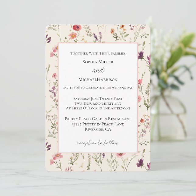 Pretty Purple Pink Red Flowers Wedding    Invitation (Standing Front)