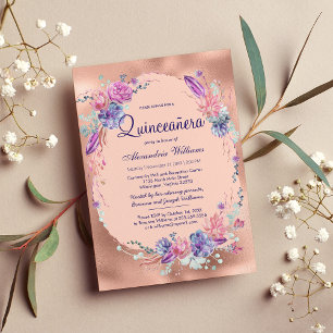 Pretty Purple Pink Rose Gold Floral Quinceañera Invitation