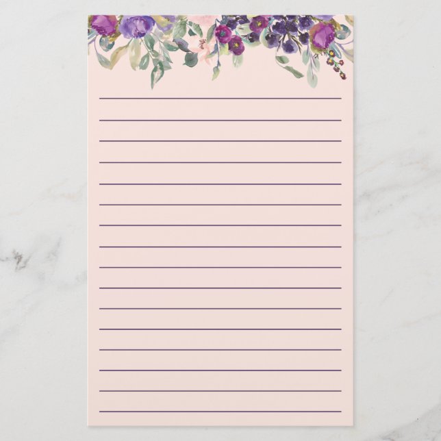 Pretty Purple Pink Watercolor Floral Lined  Stationery (Front)