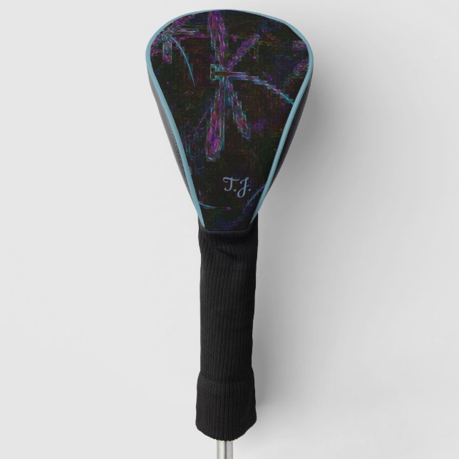 Pretty Purple Pixelated Dragonfly Golf Head Cover (Front)