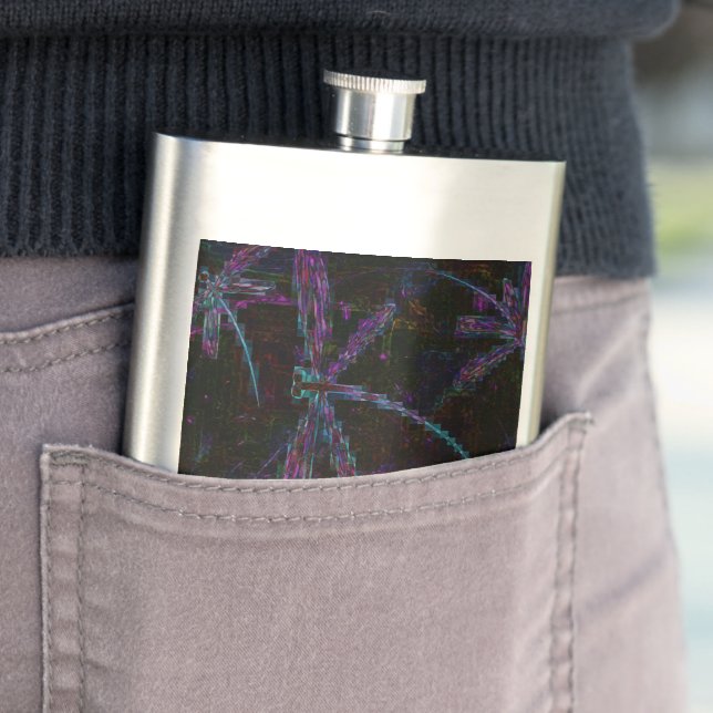 Pretty Purple Pixelated Dragonfly Hip Flask (In Situ)