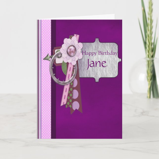 Pretty Purple, Polka Dots & Silver Frame Birthday Card (Front)
