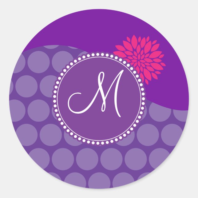 Pretty Purple Polka Dots Wave with Pink Flower Classic Round Sticker (Front)