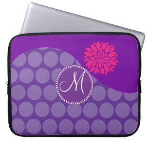 Pretty Purple Polka Dots Wave with Pink Flower Laptop Sleeve