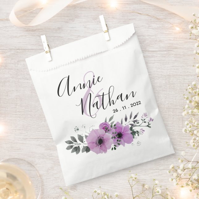 Pretty Purple Romantic Script Floral Wedding Party Favour Bags (Clipped)