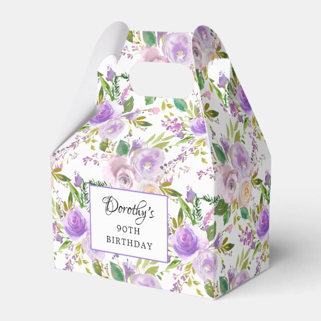 Pretty Purple Rose Floral 90th Birthday Favour Box (Front Side)