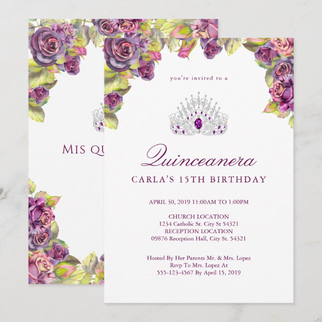 Pretty Purple Rose Quinceanera Invitations (Front/Back)