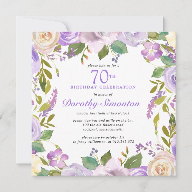 Pretty Purple Rustic Floral 70th Birthday Invitation (Front)