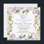 Pretty Purple Rustic Floral 90th Birthday Invitation<br><div class="desc">Honour a special person with this elegant 90th Birthday party invitation. A variety of purple and ivory white roses tucked into dark green foliage create a round botanical frame.</div>