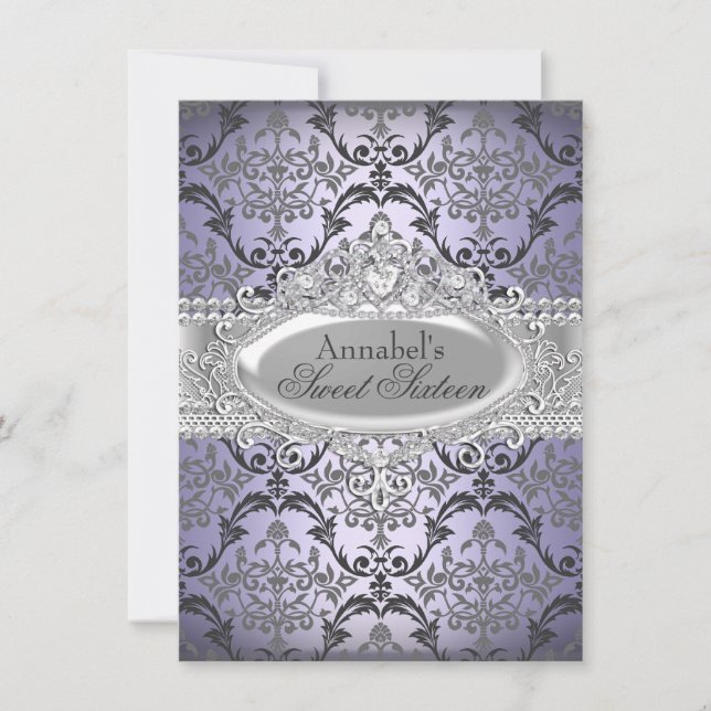Pretty Purple & Silver Damask Sweet 16 Invite (Front)