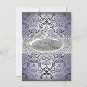 Pretty Purple & Silver Damask Sweet 16 Invite