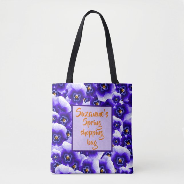 Pretty Purple Spring Pansies Pattern and Your Name Tote Bag (Front)