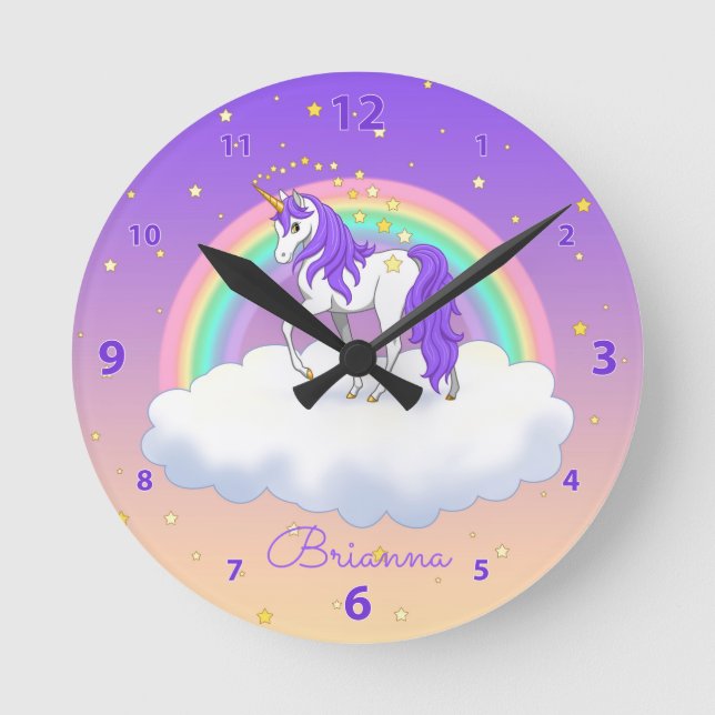 Pretty Purple Sweet Dreams Rainbow Unicorn Round Clock (Front)