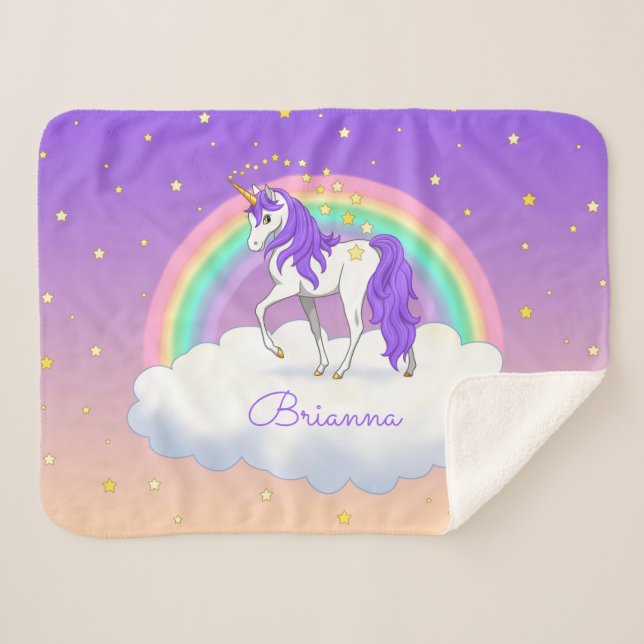 Pretty Purple Sweet Dreams Rainbow Unicorn Sherpa Blanket (Front (Horizontal))