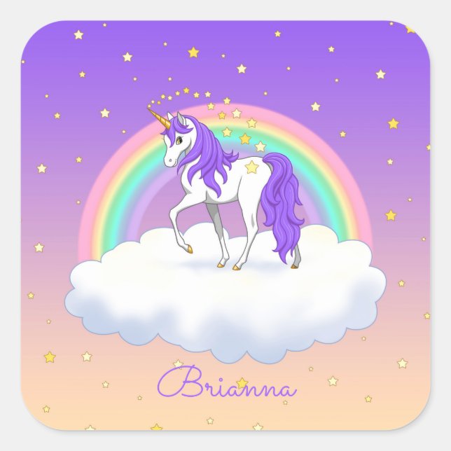 Pretty Purple Sweet Dreams Rainbow Unicorn Square Sticker (Front)