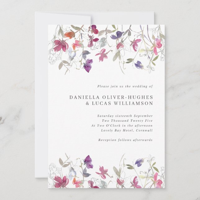 Pretty Purple Sweet Pea Wedding Invitation (Front)