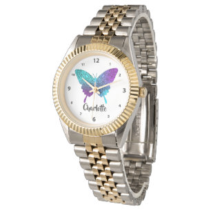 Pretty Purple Teal Big Butterfly Personalised Watc Watch