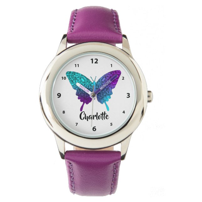 Pretty Purple Teal Big Butterfly Personalised Watc Watch (Front)