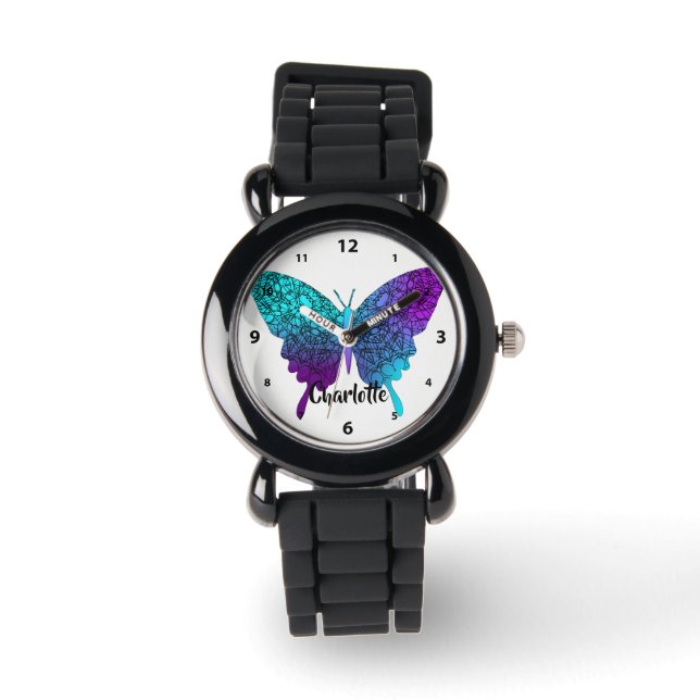 Pretty Purple Teal Big Butterfly Personalised Watch (Front)