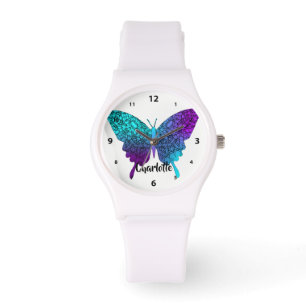Pretty Purple Teal Big Butterfly Personalised Watch