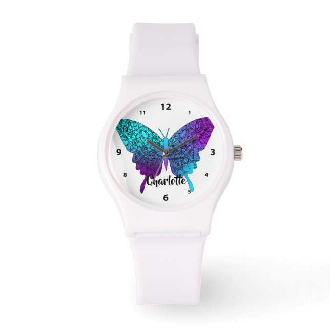 Pretty Purple Teal Big Butterfly Personalised Watch (Front)