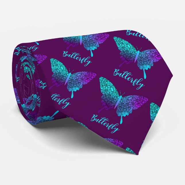 Pretty Purple Teal Big Butterfly Tie (Rolled)