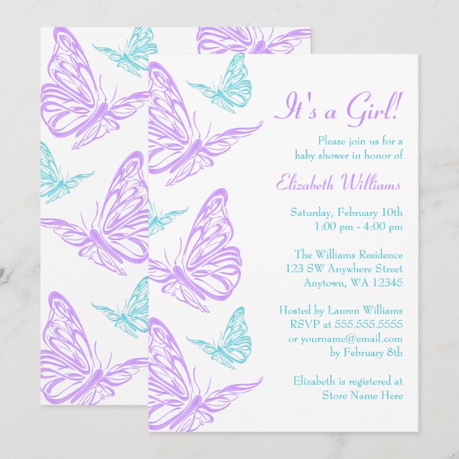 Pretty Purple Teal Butterfly Girl Baby Shower Invitation (Front/Back)