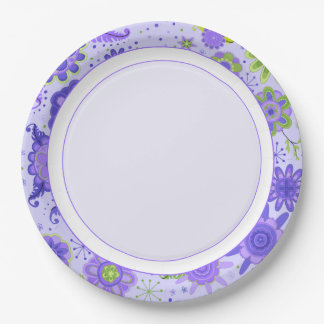 Pretty Purple Theme Retro Flowers Floral Pattern Paper Plate