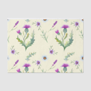 Pretty purple thistle flowers,  yellow background tissue paper