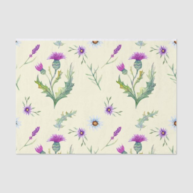 Pretty purple thistle flowers,  yellow background tissue paper (Front)