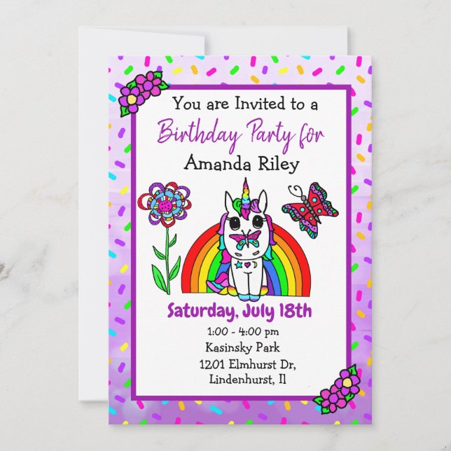 Pretty Purple Unicorn and Rainbow Girl's Birthday  Invitation (Front)