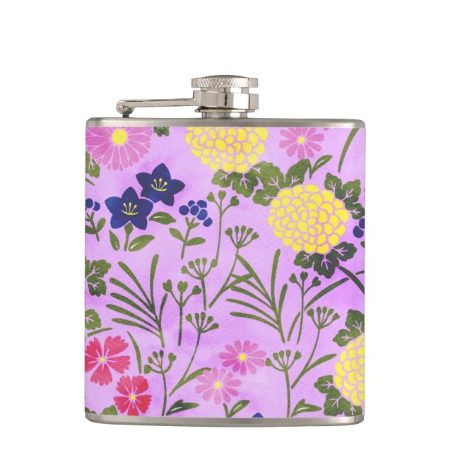 Pretty Purple Vintage Flower Pattern Hip Flask (Front)