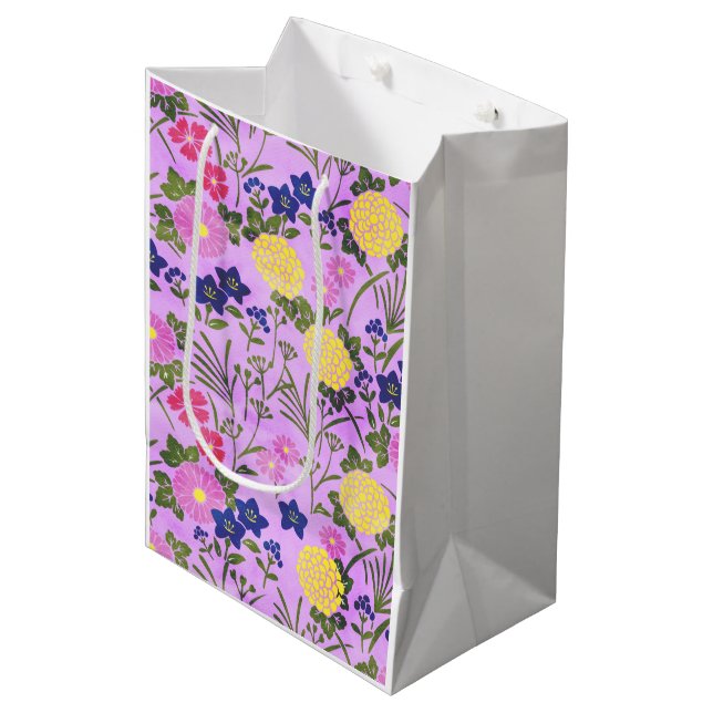 Pretty Purple Vintage Flower Pattern Medium Gift Bag (Front Angled)