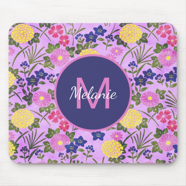Pretty Purple Vintage Flower Pattern Monogram Mouse Mat (Front)