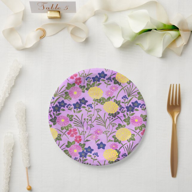 Pretty Purple Vintage Flower Pattern Paper Plate (Wedding)