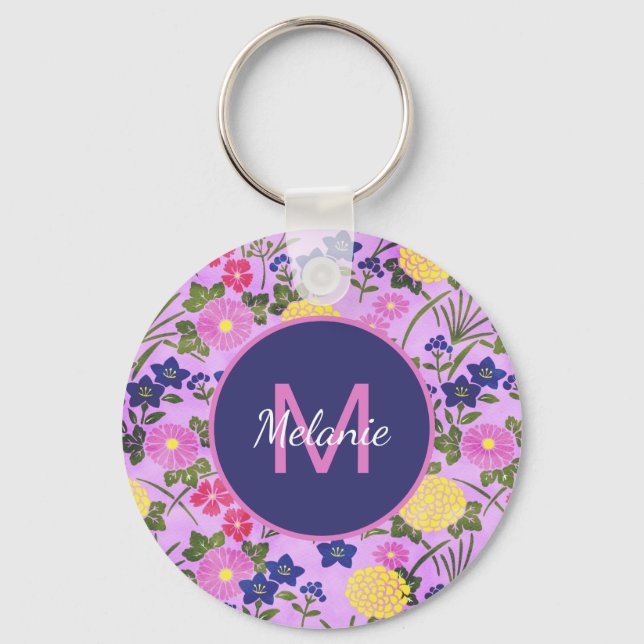 Pretty Purple Vintage Flower Pattern Personalised Key Ring (Front)
