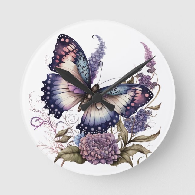 PRETTY PURPLE WATERCOLOR BUTTERFLIES AND FLOWERS ROUND CLOCK (Front)