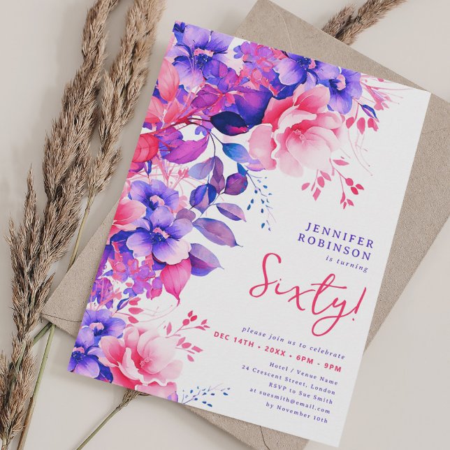 Pretty Purple Watercolor Floral 60th Birthday  Invitation (Pretty Purple Watercolor Floral 60th Birthday Invitation)