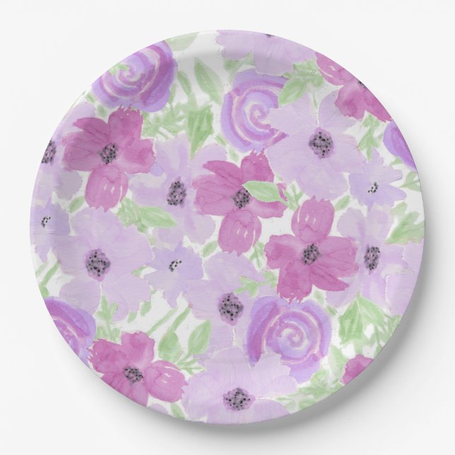 Pretty Purple Watercolor Floral Baby Shower Paper Plate (Front)