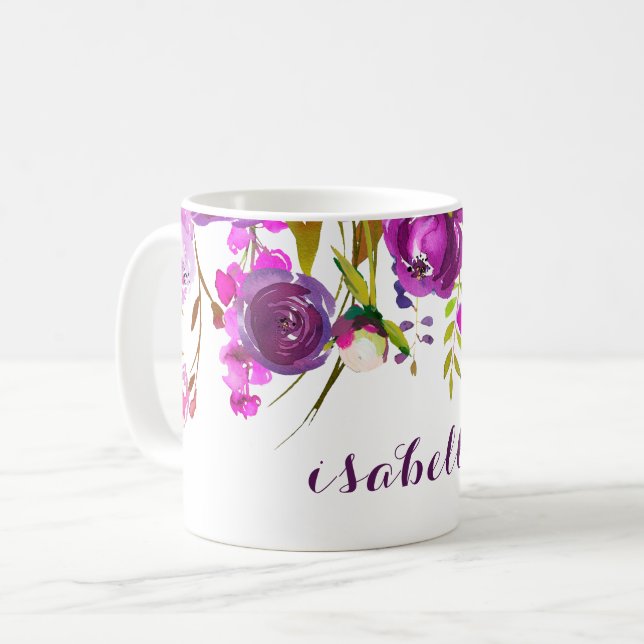 Pretty Purple Watercolor Floral Cup/ Coffee Mug (Front Left)