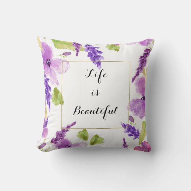 Pretty Purple Watercolor Floral Cushion (Front)