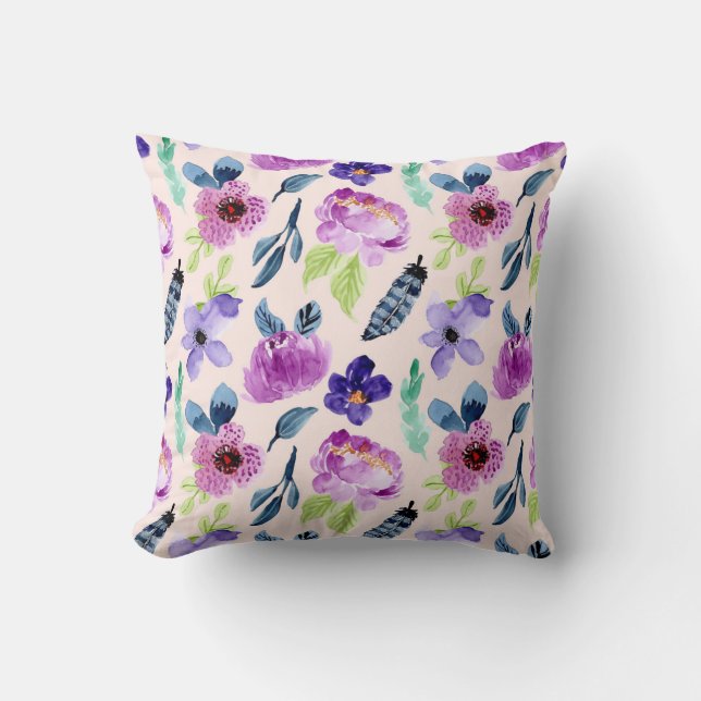 Pretty Purple Watercolor Floral Cushion (Front)