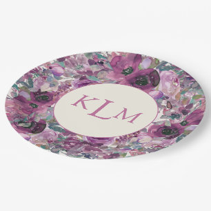 Pretty Purple Watercolor Floral Monogram  Paper Plate