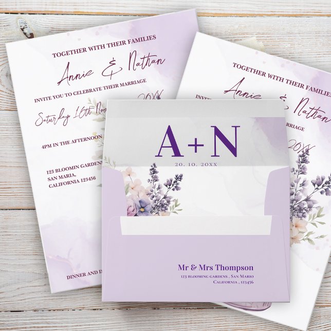 Pretty Purple Watercolor Floral Monogram Wedding  Envelope (Pretty Purple Watercolor Floral Monogram Wedding Envelope)