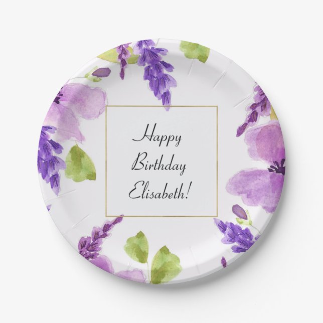 Pretty Purple Watercolor Floral Paper Plate (Front)