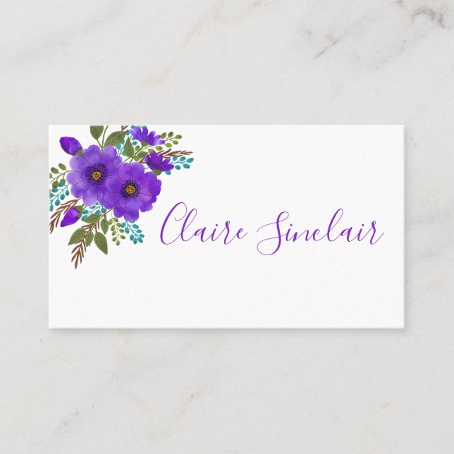 Pretty Purple Watercolor Flowers  Business Card (Front)