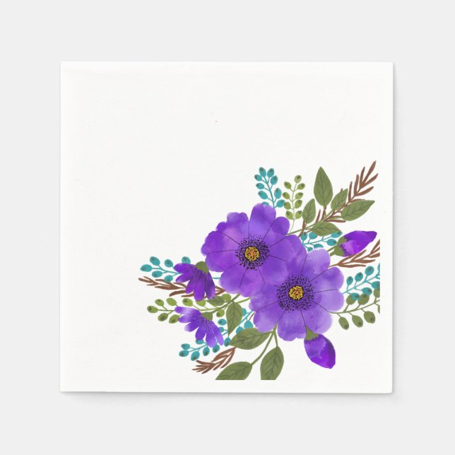 Pretty Purple Watercolor Flowers Napkin (Front)