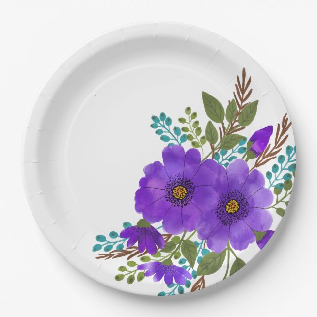 Pretty Purple Watercolor Flowers Paper Plate (Front)
